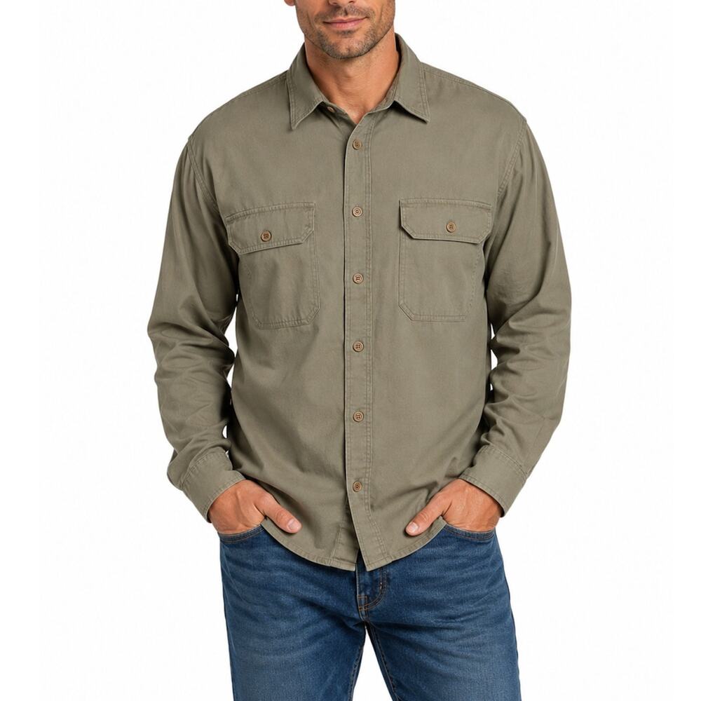 Cabela's Khaki Canvas Utility Button Down Shirt Large Tall LT Heavy Cotton